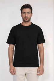 VELVARDE BİSİKLET YAKA ÇİZGİLİ TSHIRT SİYAH (1818)