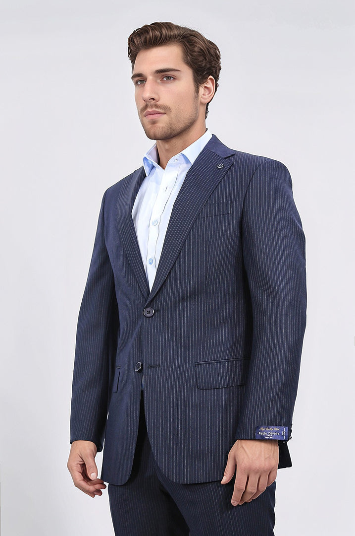 Slim fit mono yaka lacivert çizgili yünlü takım elbise 