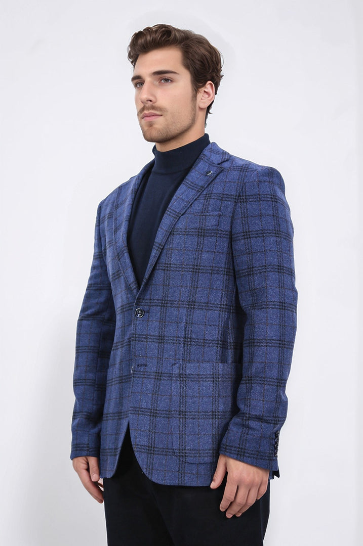 slim fit mono yaka lacivert kareli astarsız tek ceket 