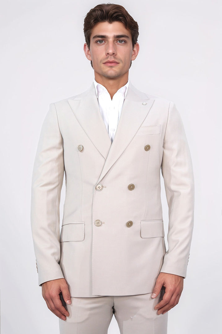 Slim fit sivri yaka kruvaze bej takım elbise 