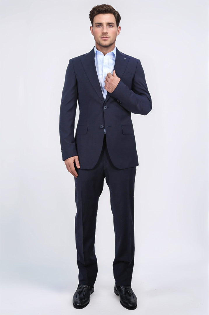 Slim fit mono yaka koyu lacivert takım elbise 
