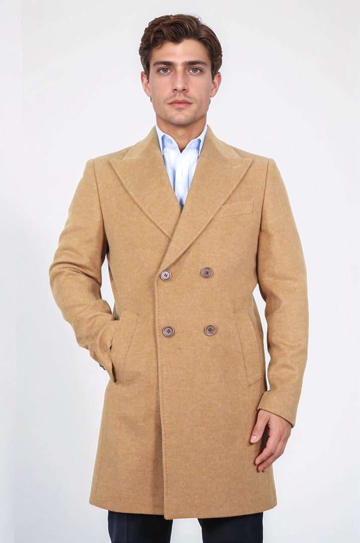 kruvaze sivri yaka yün ve kaşmir karışımlı camel kaban 