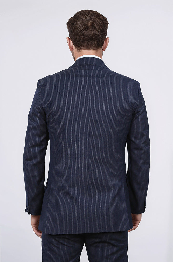Slim fit mono yaka lacivert çizgili yünlü takım elbise 
