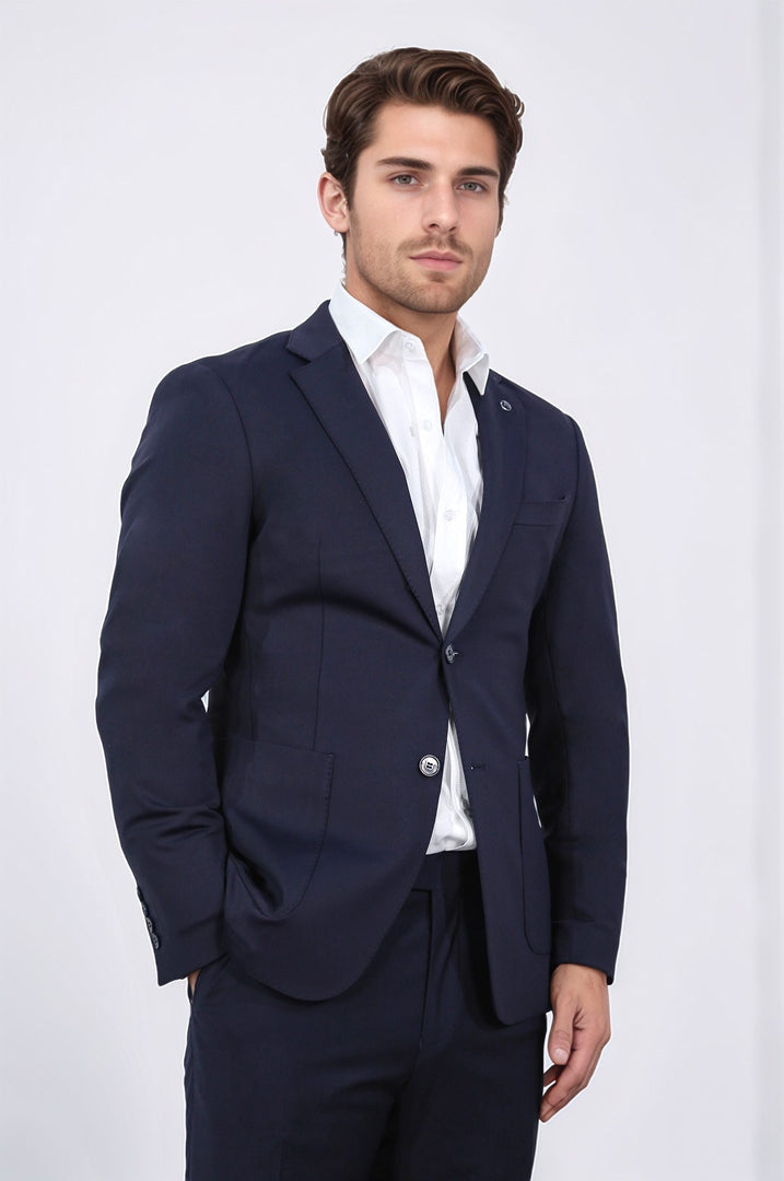 Comfort fit bi-strech hafif dokulu lacivert astarsız tek ceket 