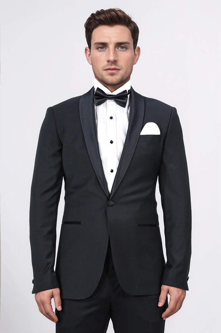 Slim fit saten şal yaka siyah damatlık 