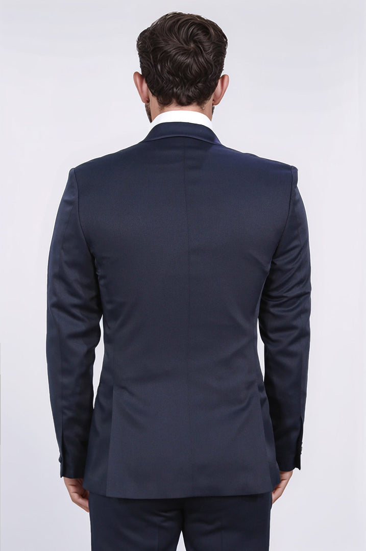 Slim fit şal yaka lacivert desenli takım elbise 