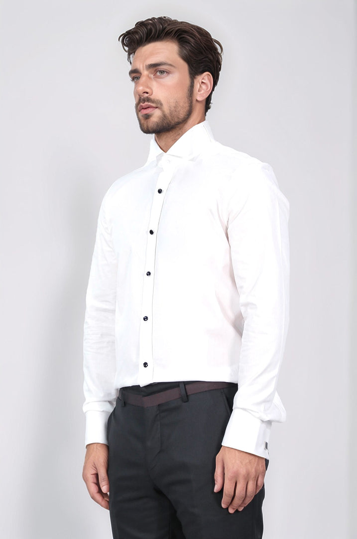 beyaz slim fit duble manşet ata yaka smokin gömlek 