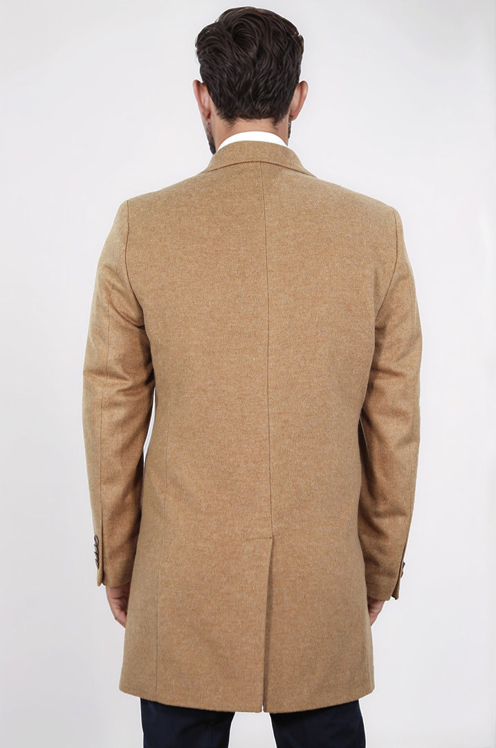 üç düğmeli mono yaka yün ve kaşmir karışımlı camel kaban 