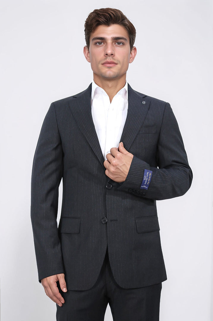 Slim fit mono yaka siyah çizgili yünlü takım elbise 