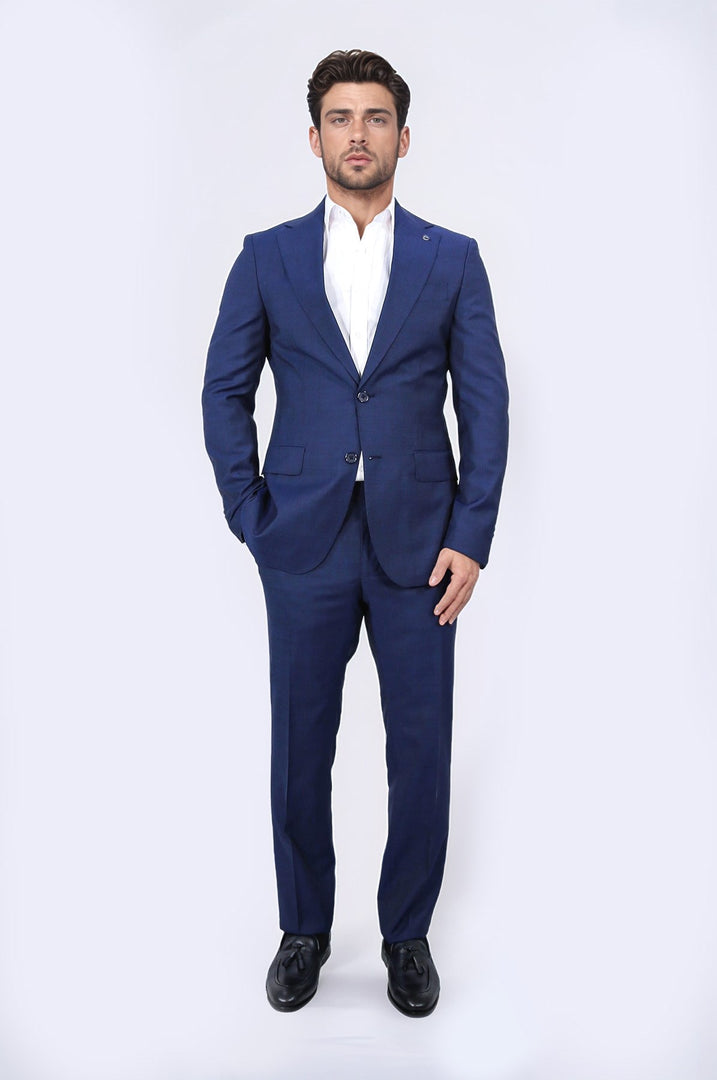 Slim fit mono yaka mavi takım elbise 