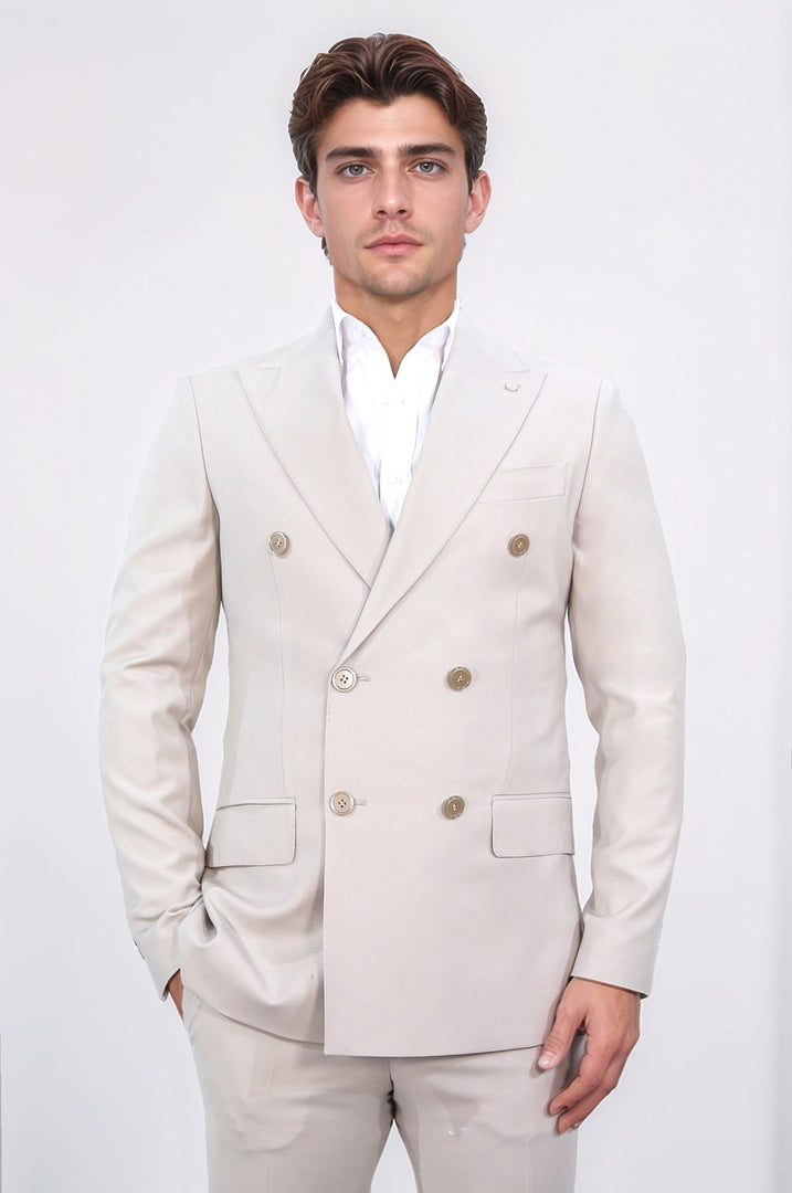 Slim fit sivri yaka kruvaze bej takım elbise 