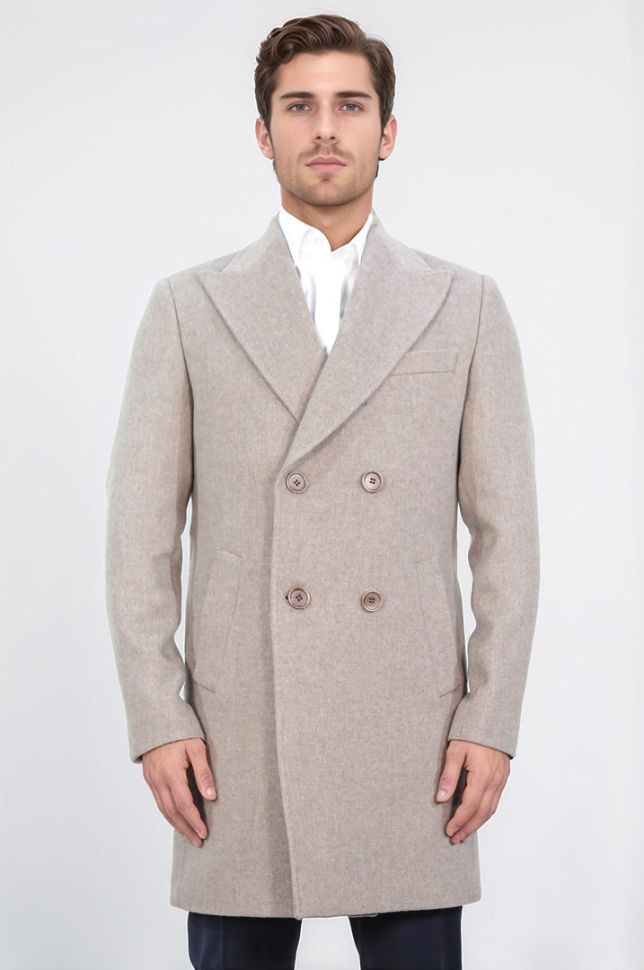 kruvaze sivri yaka yün ve kaşmir karışımlı bej kaban 