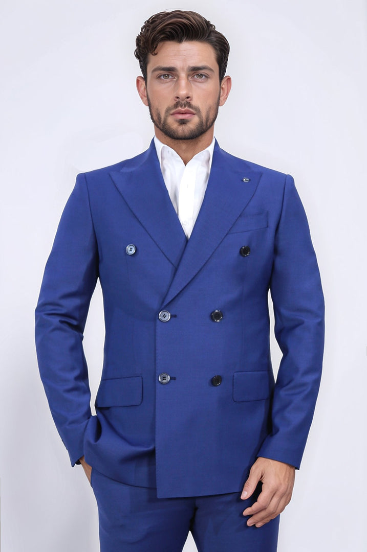 slim fit sivri yaka kruvaze petrol mavi takım elbise 