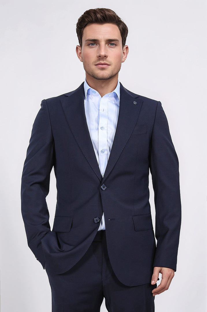 Slim fit mono yaka koyu lacivert takım elbise 