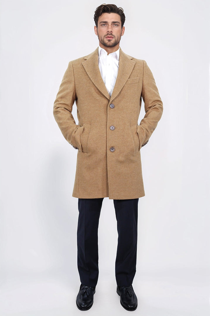 üç düğmeli mono yaka yün ve kaşmir karışımlı camel kaban 