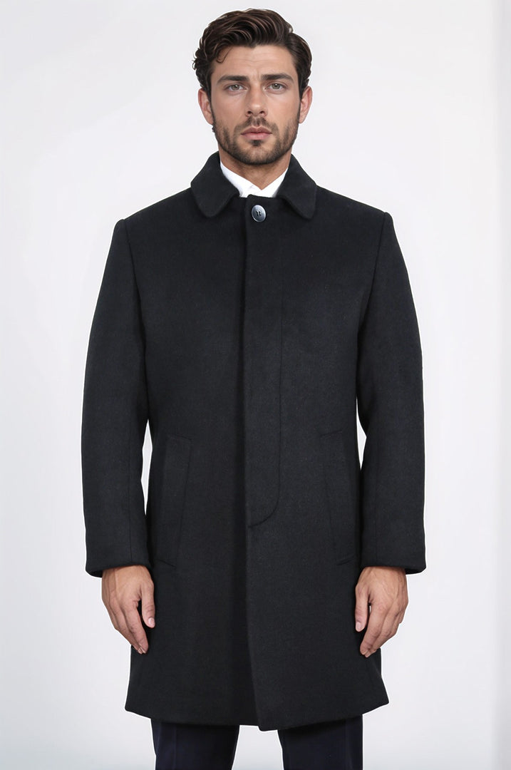 dik yakalı yan cepli siyah palto 