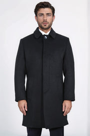 dik yakalı yan cepli siyah palto 