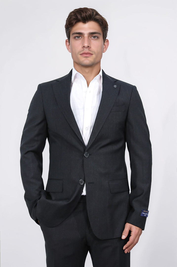 Slim fit mono yaka siyah çizgili yünlü takım elbise 