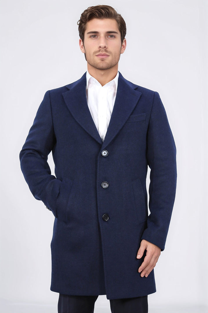 üç düğmeli mono yaka yün ve kaşmir karışımlı lacivert kaban 