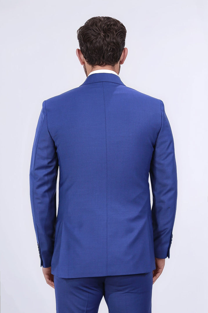 slim fit sivri yaka kruvaze petrol mavi takım elbise 