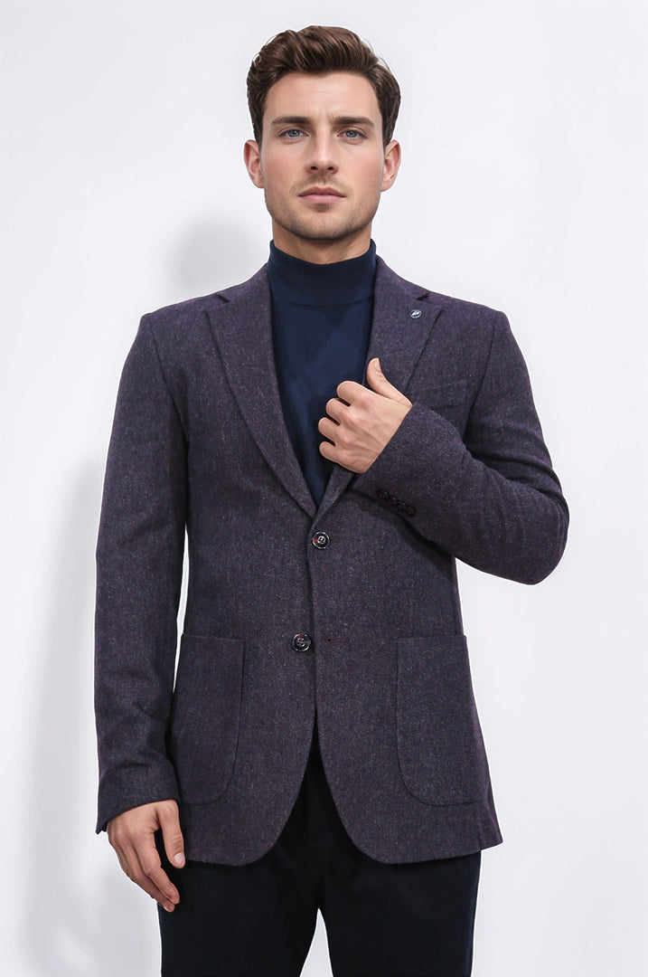 Slim fit mono yaka mor astarsız yünlü tek ceket 