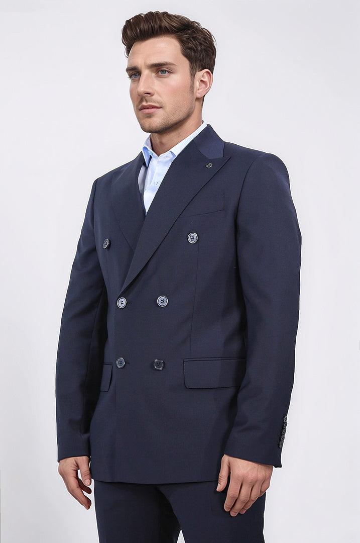 slim fit sivri yaka kruvaze lacivert takım elbise 