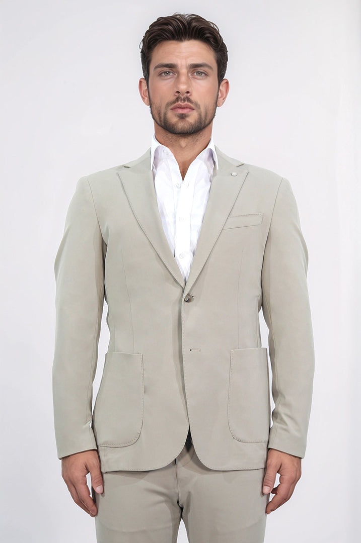 Comfort fit bi-strech hafif dokulu bej astarsız tek ceket