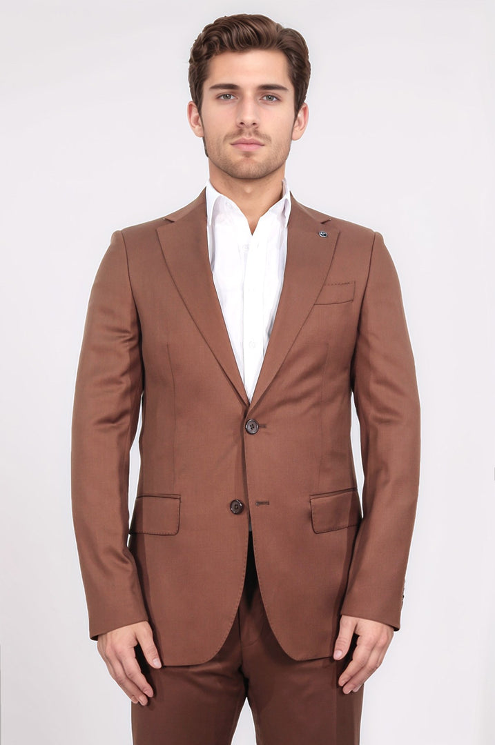 Slim fit mono yaka kiremit yünlü takım elbise 