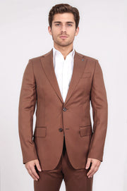 Slim fit mono yaka kiremit yünlü takım elbise 