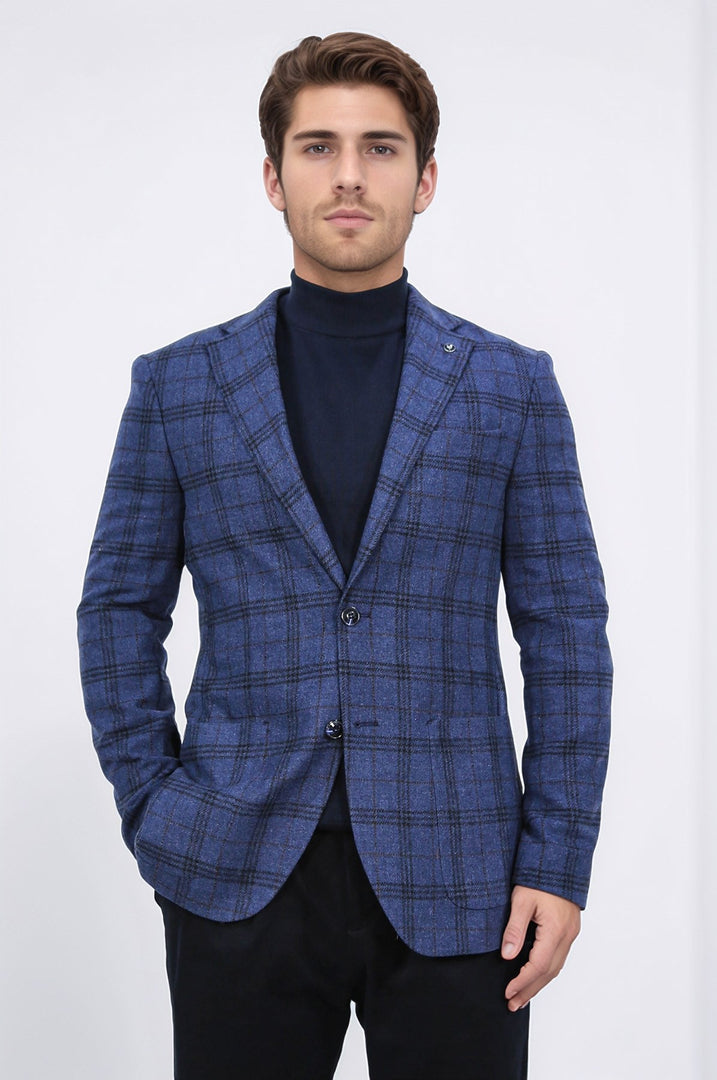 slim fit mono yaka lacivert kareli astarsız tek ceket 