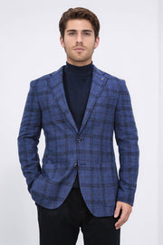 slim fit mono yaka lacivert kareli astarsız tek ceket 
