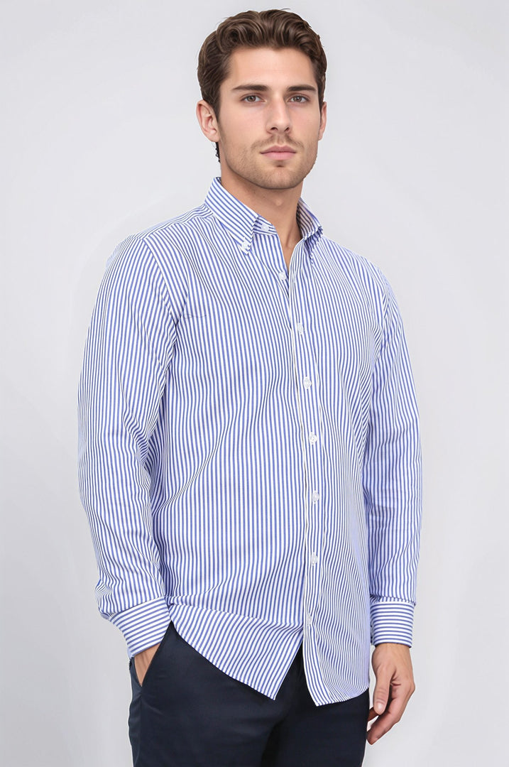 slim fit italyan yaka non-ıron lacivert çizgili gömlek 