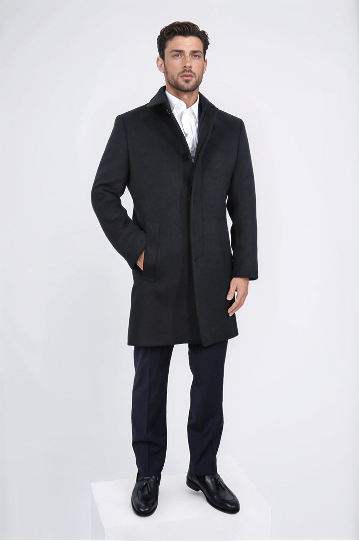 dik yakalı yan cepli siyah palto 