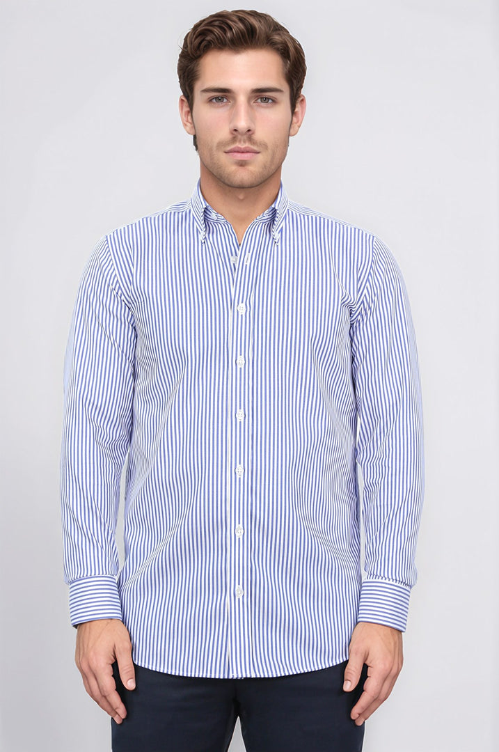 slim fit non-ıron çizgili mavi gömlek 