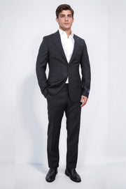 Slim fit mono yaka siyah çizgili yünlü takım elbise 