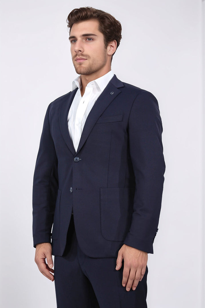 Comfort fit bi-strech hafif dokulu lacivert astarsız tek ceket 