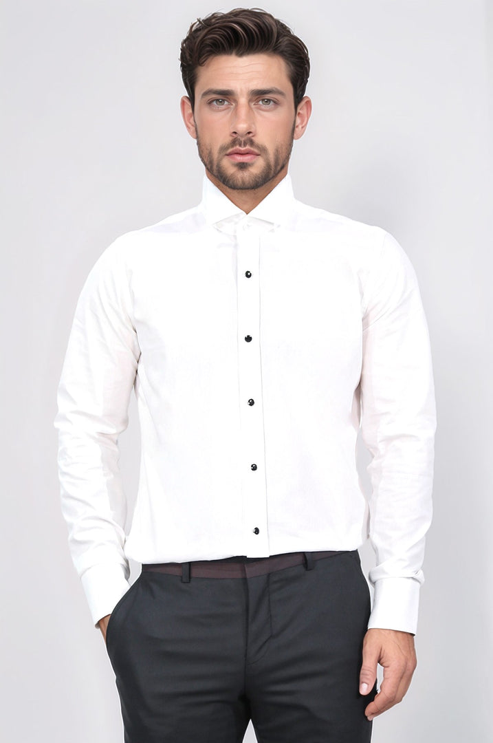 beyaz slim fit duble manşet ata yaka smokin gömlek 