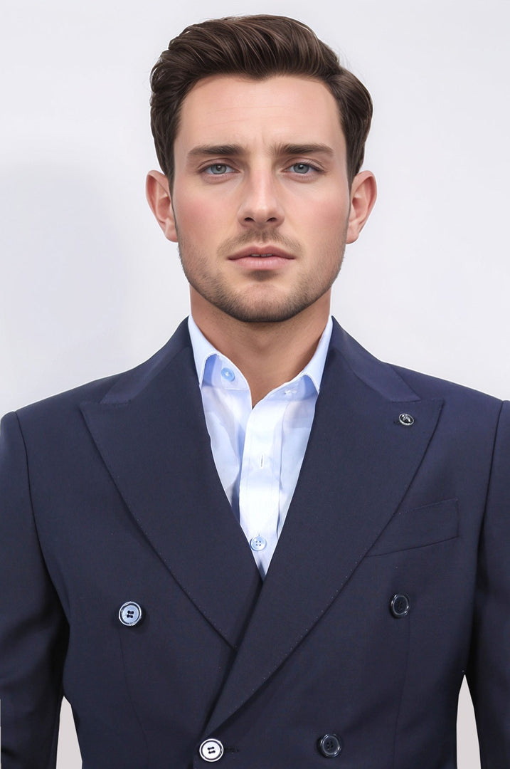 slim fit sivri yaka kruvaze lacivert takım elbise 