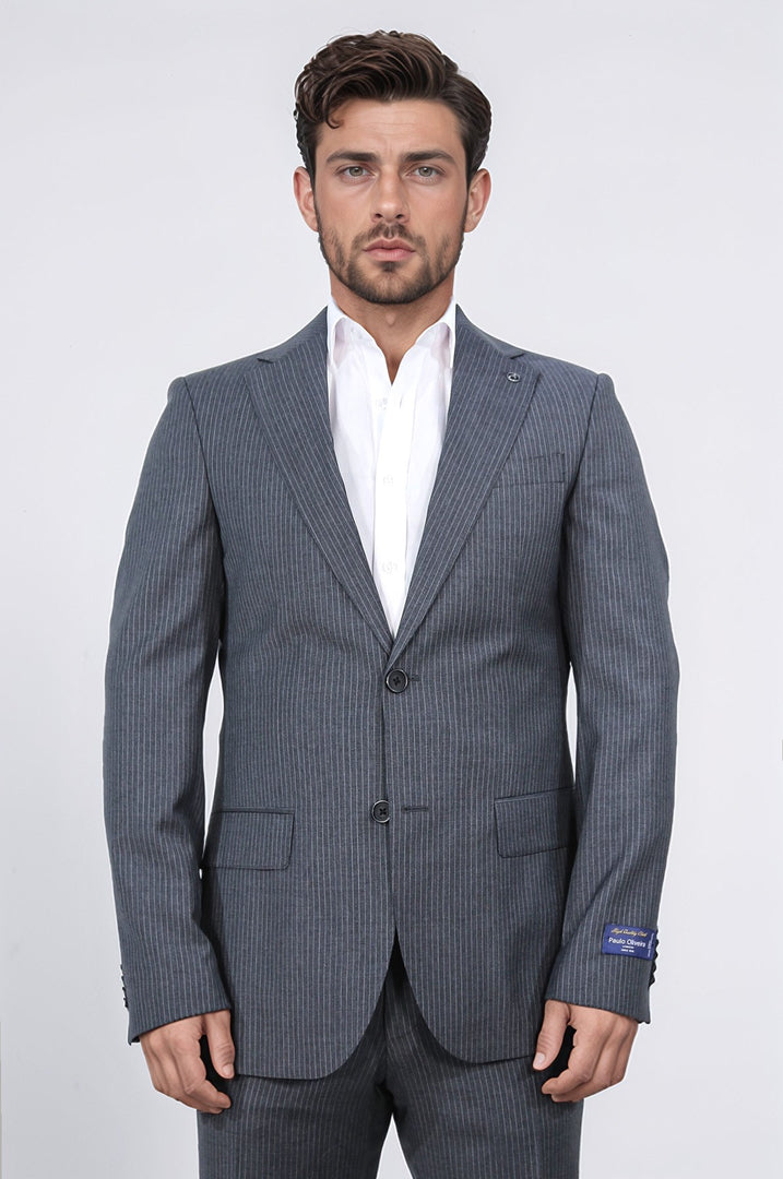 Slim fit mono yaka antrasit çizgili yünlü takım elbise 