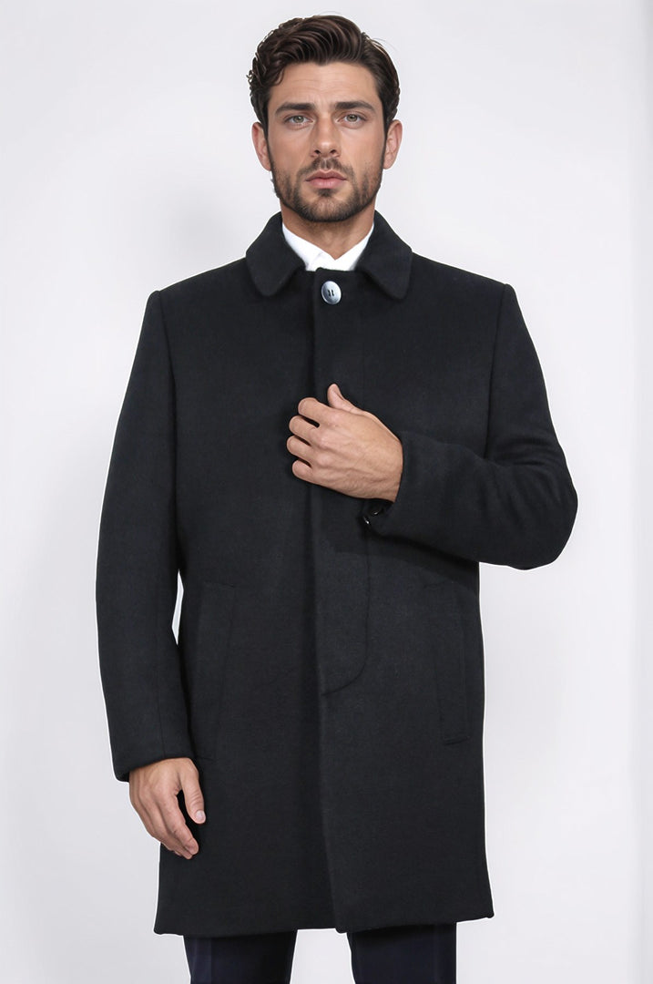 dik yakalı yan cepli siyah palto 