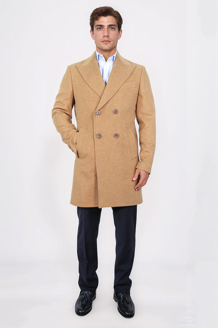 kruvaze sivri yaka yün ve kaşmir karışımlı camel kaban 