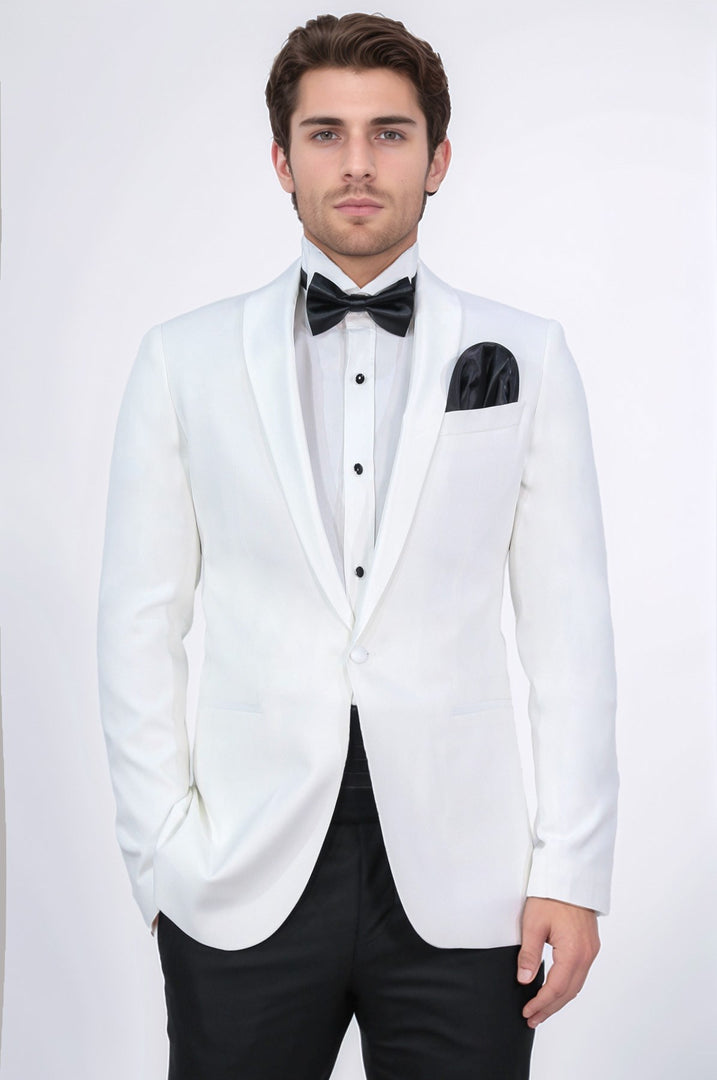 Slim fit saten şal yaka beyaz damatlık
