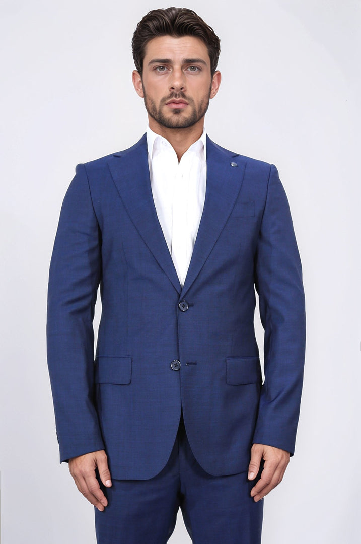 Slim fit mono yaka mavi takım elbise 