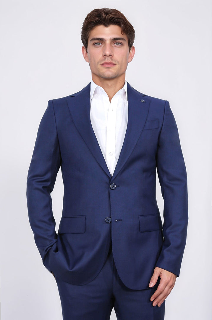Slim fit mono yaka koyu mavi takım elbise 