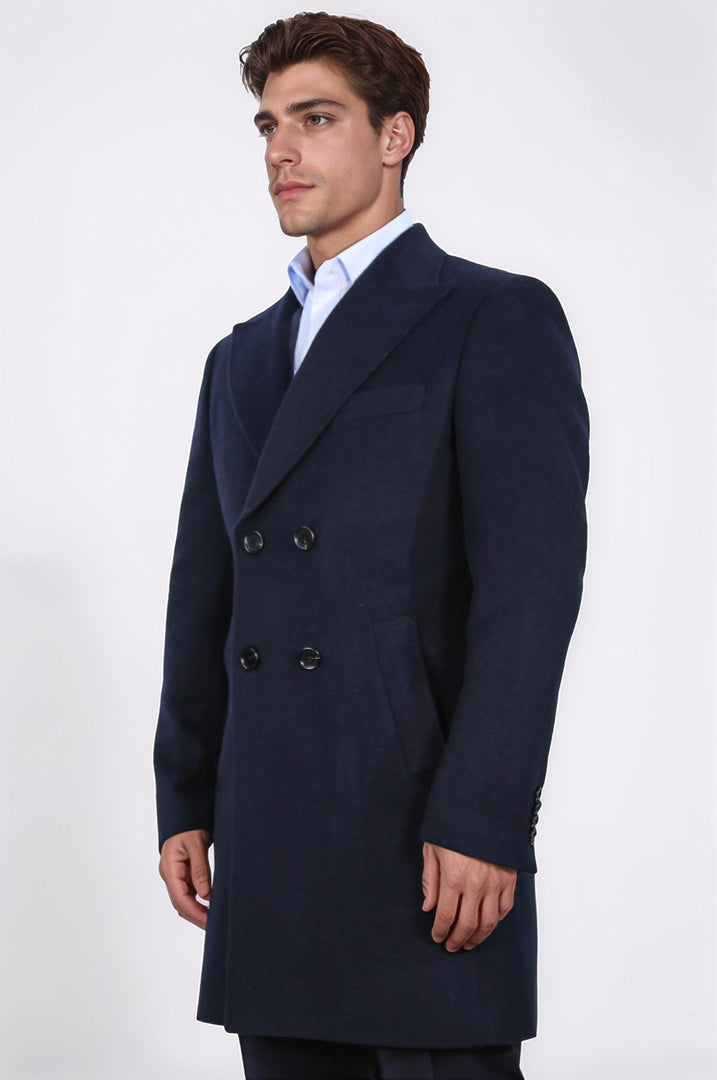 kruvaze sivri yaka yün ve kaşmir karışımlı lacivert kaban