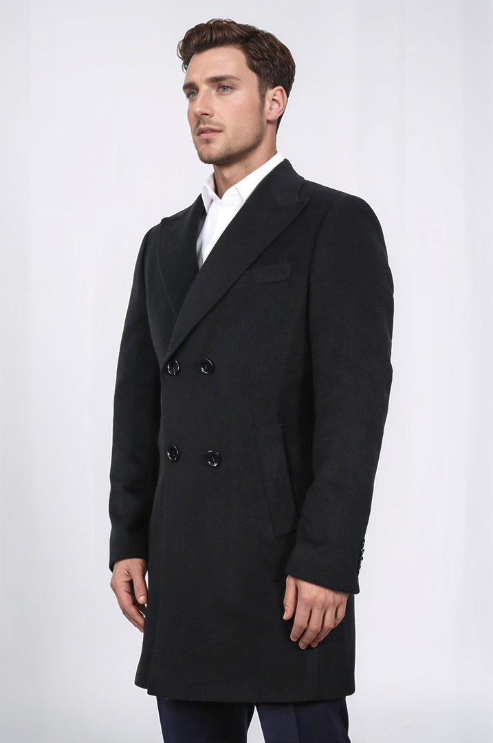 kruvaze sivri yaka yün ve kaşmir karışımlı siyah kaban 