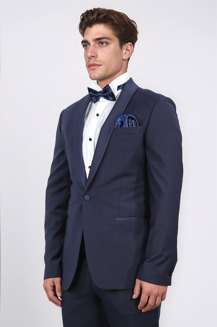 Slim fit şal yaka lacivert yünlü damatlık 