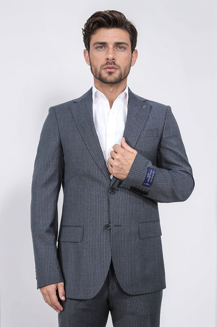 Slim fit mono yaka antrasit çizgili yünlü takım elbise 