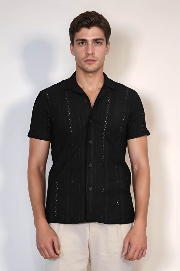 VELVARDE DELİKLİ DÜĞMELİ TSHIRT SİYAH