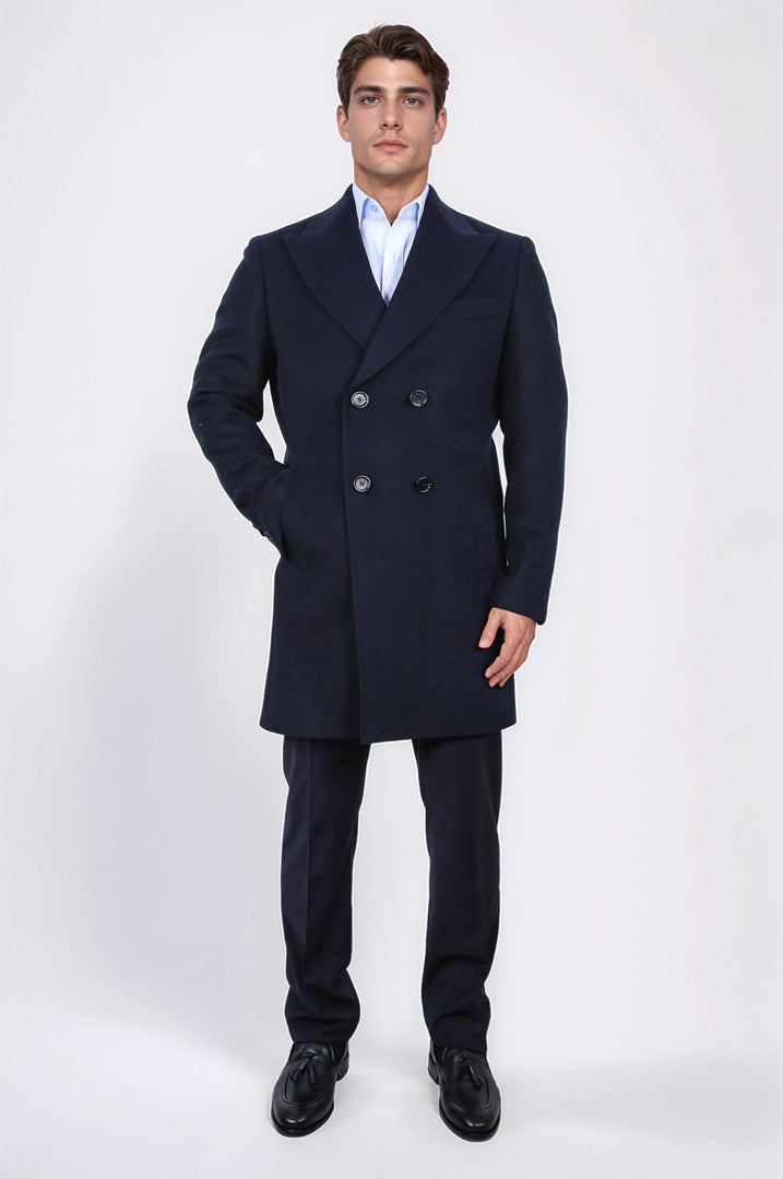 kruvaze sivri yaka yün ve kaşmir karışımlı lacivert kaban